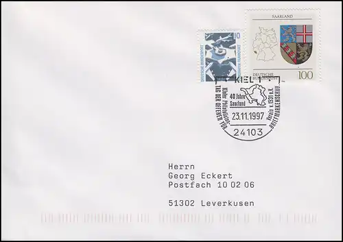 1712 Bundesland Saarland, MiF Brief SSt Kiel 40 Jahre Saarland 23.11.1997