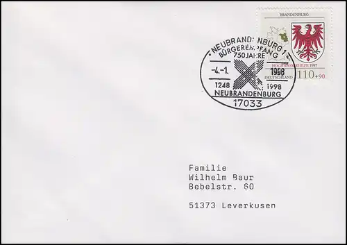 1589 Brandenburg, EF Brief SSt 750 ans Neubrandenburg Civilreventing 4.1.1998