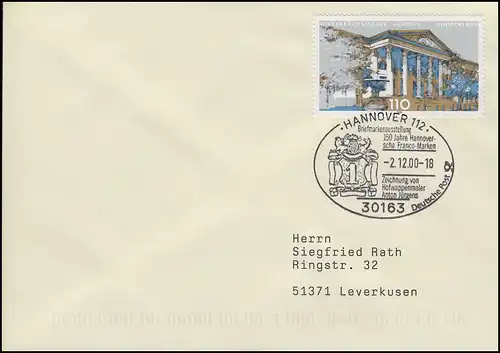 2104 Landtag Hannover, EF Brief SSt Hannover Wappenmaler Anton Jürgens 2.12.2000