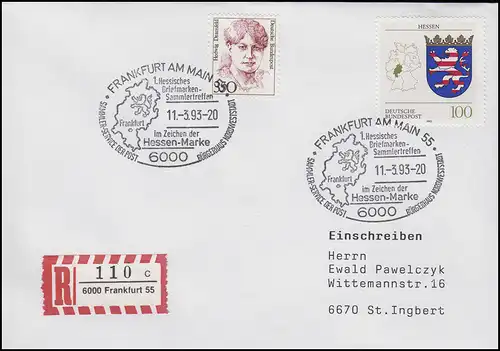 1660 Hessen, MiF R-FDC ESSt Frankfurt/Main Hessen-Marke & Landkarte 11.3.1993