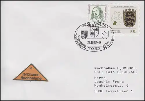 1586 Baden-Württemberg, MiF NN-Brief SSt Sindelfingen Jubiläum Wappen 23.10.1992