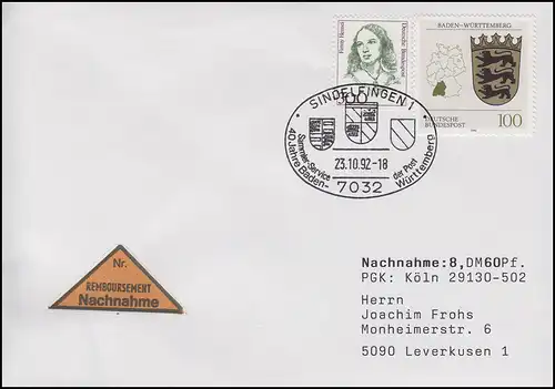 1586 Baden-Württemberg, MiF NN-Brief SSt Sindelfingen Jubilé des armoiries 23.10.1992