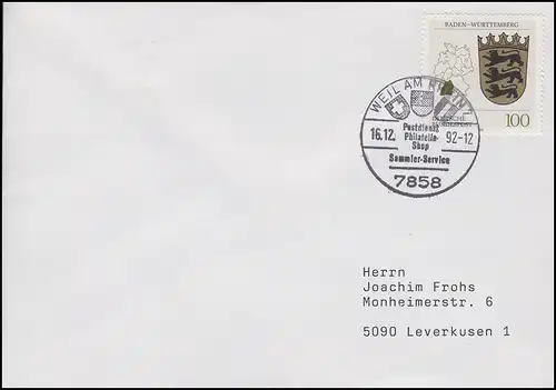1586 Baden-Württemberg EF Bf SSt Weil am Rhein Wappen & Philatelie-Shop 16.12.92