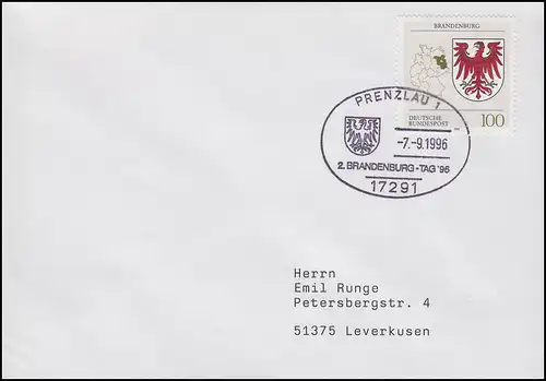 1589 Brandenburg, EF Lettre SSt Prenzlau 2ème jour du Brandebourg & Wappen 7.9.1996