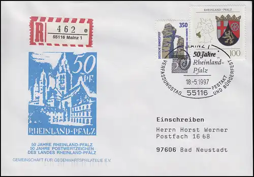 1664 Rheinland-Pfalz, MiF R-Bf SSt Mainz Verfassungstag & Bürgerfest 18.5.1997