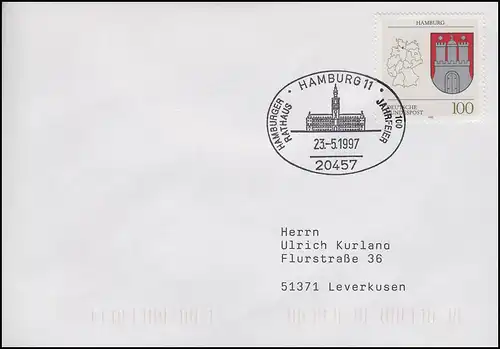 1591 Hamburg, EF Brief SSt Hamburg 100. Jahrfeier Hamburger Rathaus 23.5.1997