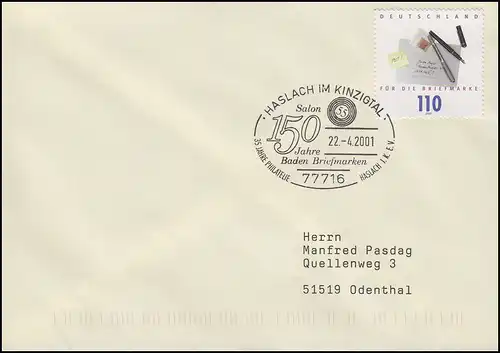 2148 Tag der Briefmarke, EF Bf SSt Haslach Salon Baden Briefmarken 22.4.2001
