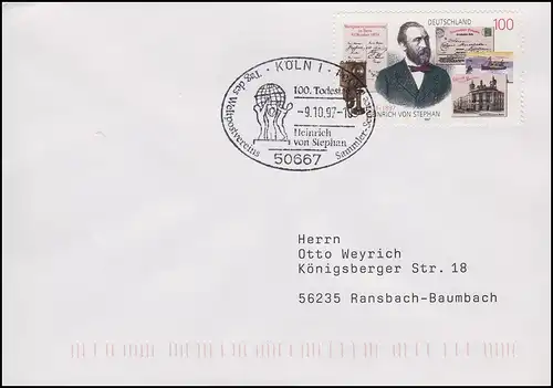 1912 Heinrich von Stephan, EF Brief SSt Köln Portrait & Todestag & UPU 9.10.1997