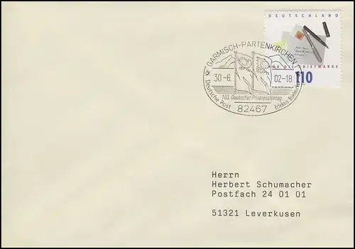 2148 Tag der Briefmarke, Bf SSt Garmisch-Partenkirchen Philatelistentag 30.6.02