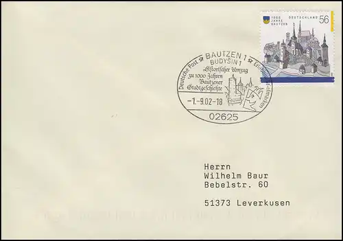 2232 Bautzen EF Brief SSt Bautzen Hitstorischer Umzug & Stadtgeschichte 1.9.2001
