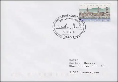 2244 Deggendorf EF FDC ESSt Deggendorf 1000. Jahrestag & Panorama 7.3.2002