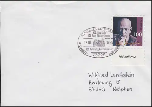 1824 Kurt Schumacher, EF FDC ESSt Esslingen Geburtstag Schumacher 12.10.1995