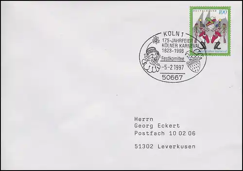 1903 Carnaval de Cologne, EF Lettre SSt Cologne 175e anniversaire & Comité Festival 5.2.1997