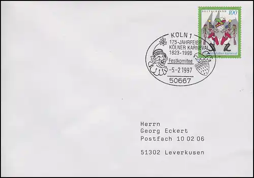 1903 Kölner Karneval, EF Brief SSt Köln 175. Jahrfeier & Festkomitee 5.2.1997