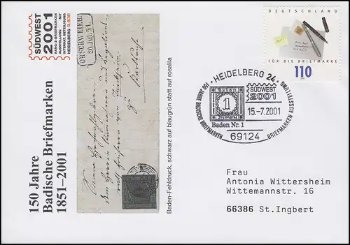2148 Tag der Briefmarke, Schmuck-Brief SSt Heidelberg Baden Nr. 1 - 15.7.2001