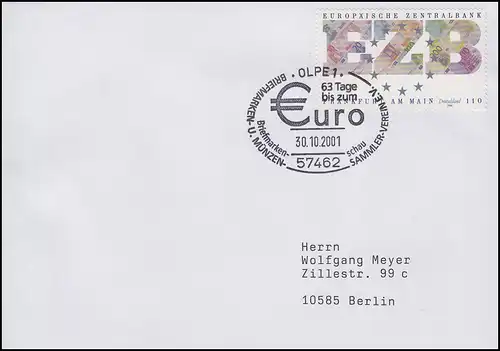 2000 EZB, EF Brief SSt Olpe Briefmarkenschau & 63 Tage bis zum Euro 30.10.2001