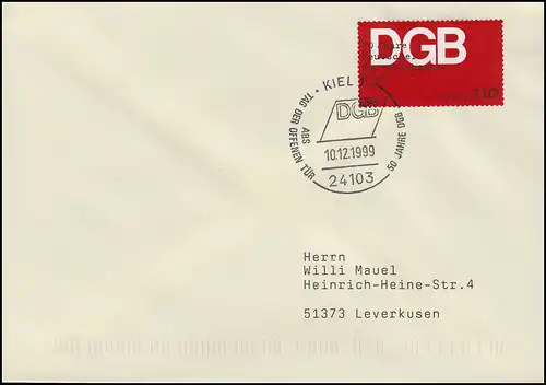 2083 Deutscher Gewerkschaftsbund, EF Brief SSt Kiel 50 Jahre DGB 10.12.1999