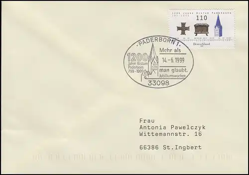 2060 Bistum Paderborn, EF Brief SSt Paderborn Jubiläumswochen & Dom 14.6.1999