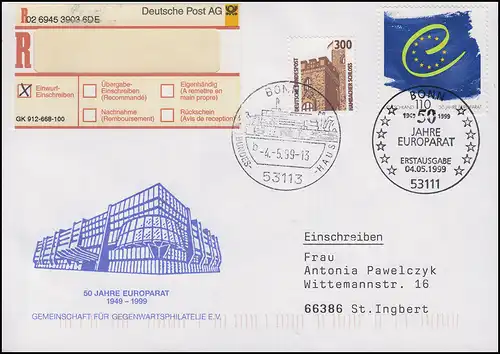 2049 Conseil de l'Europe, MiF R-FDC ESSst Bonn 50 ans Conseil & étoiles 4.5.1999