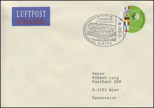 2258 Fußballweltmeister als runde Marke EF Brief SSt Bonn PHILAKOREA 2.8.2002