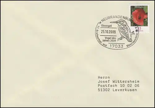 Eisvogel - Vogel des Jahres 2009, EF Brief SSt Neubrandenburg 25.10.2009