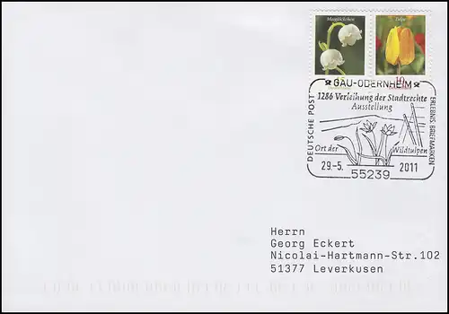 2484+2794 Tulpe & Maigloeckchen, Bf SSt Gau-Oderheim Lieu des Tulipes sauvages 29.5.11