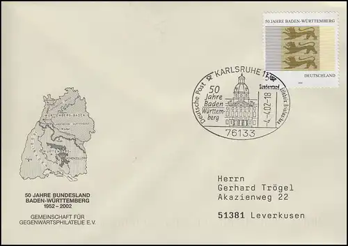 2248 Baden-Württemberg EF FDC ESSt Karlsruhe 50 Jahre Baden-Württemberg 4.4.2002