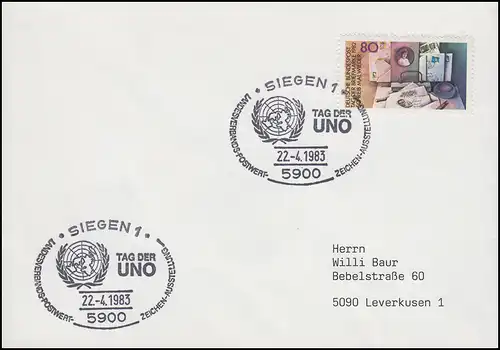 1154 Tag der Briefmarke, EF Brief SSt Siegen Tag der UNO & UNO-Symbol 22.4.1983