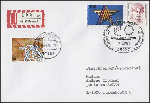 1644 Europäischer Binnenmarkt, MiF R-Brief SSt Essen Europa-Gipfel  9.12.1994