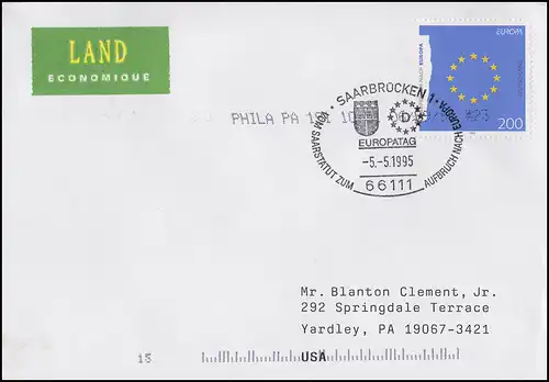 1791 EUROPA Europa-Fahne, EF FDC SSt Saarbrücken Europatag 5.5.1995 in die USA