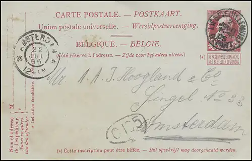 Belgien Postkarte P 45 Jubiläum Könige Leopold LIEGE 21.7.05 n. Amsterdam 22.7.