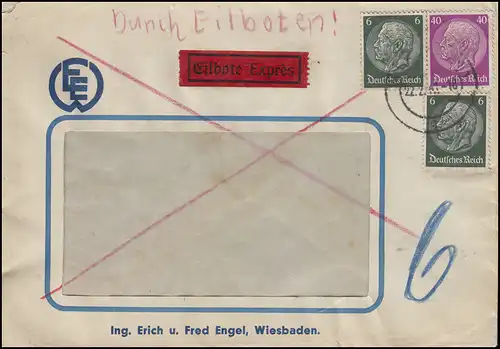 Hindenburg-MiF 6 + 40 Pf Eil-Fensterbf. WIESBADEN 22.2.41 nach Berlin-Zehlendorf