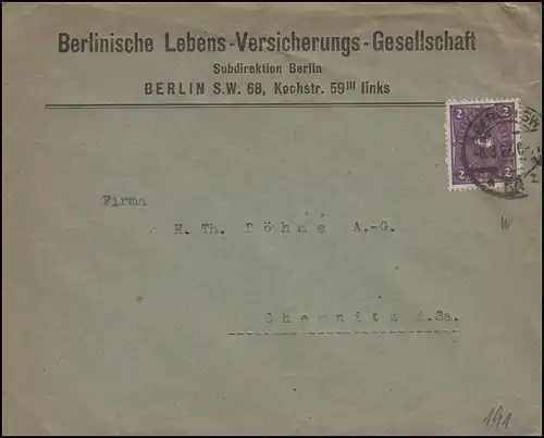 Posthorn 2 Mark zweifarbig als EF Brief BERLIN SW 3.3.22 nach Chemnitz