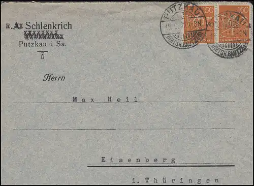Freimarke Schnitter 150 Pf. MeF Brief PUTZKAU / BAUTZEN 18.9.22 nach Eisenberg