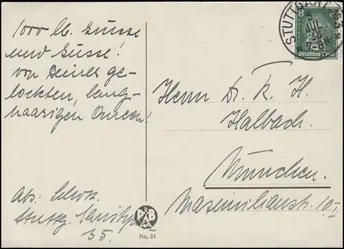 389 Ludwig van Beethoven 8 Pf. EF Carte postale STUTTGART No 3 - 5.7.28 vers Munich