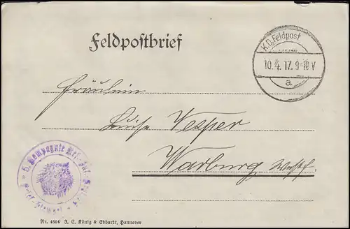 Feldpostbrief 5. Kompanie Res.-Infanterie-Regiment 74, aptierter Stempel 10.4.17