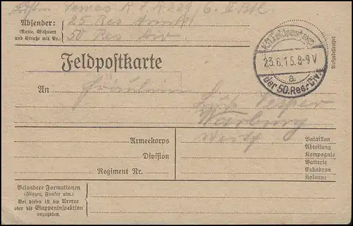 Feldpostkarte K.D. Feldpostexp. 50. Reserve-Division 23.6.15 nach Warburg