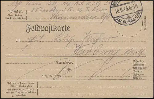 Feldpostkarte K.D. Feldpostexp. 50. Reserve-Division 10.6.15 nach Warburg