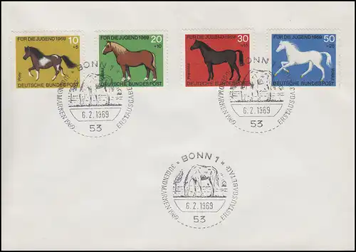 578-581 Pferde Pony Kaltblut Warmblut Vollblut, Satz Blanko-FDC ESSt Bonn 6.2.69