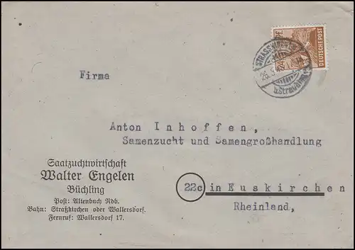 951 Kontrollrat II 24 Pf EF Brief Saatzucht STRASSKIRCHEN bei Straubing 26.5.48