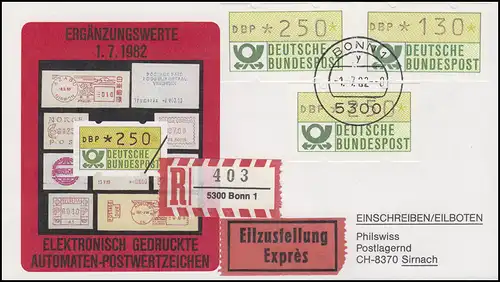1.1. hu ATM-Ergänzungswerte 130 Pf / 2x250 Pf auf Schmuck-Eil-R-FDC BONN 1.7.82