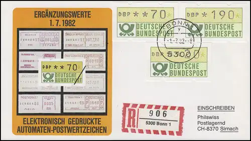 1.1. hu ATM-Ergänzungswerte 20 / 70 / 190 Pf Pf auf Schmuck-R-FDC BONN 1.7.82