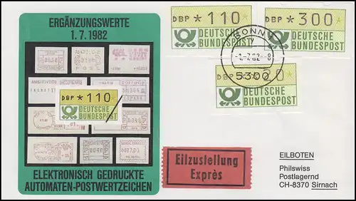 1.1. hu ATM-Ergänzungswerte 20 / 110 / 300 Pf Pf auf Schmuck-Eil-FDC BONN 1.7.82