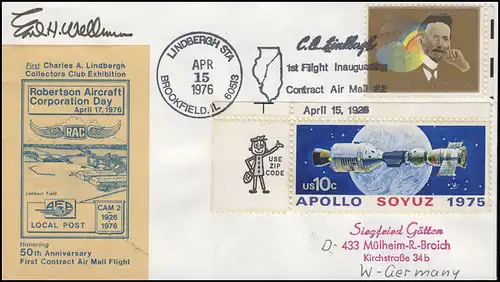 1. Lindbergh-Flug 1926, USA-Schmuck-Brief Roberton Aircraft LINDBERGH 15.4.1976