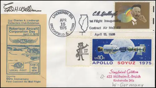 1. Lindbergh-Flug 1926, USA-Schmuck-Brief Robertson Aircraft LINDBERGH 15.4.1976