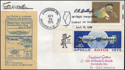 1. Vol Lindbergh 1926, lettre de bijoux des États-Unis Roberton Aircraft LINDBERGH 15.4.1976