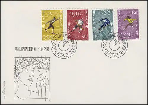 551-554 Jeux olympiques d'hiver Sapporo, 4 valeurs sur le FDC de bijoux VADUZ 9.12.1971