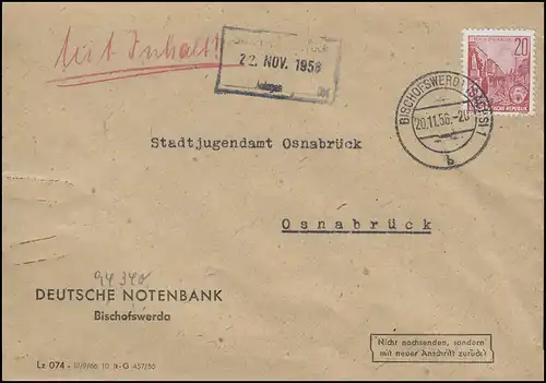 DDR-Brief Deutsche Notenbank BISCHOWFSWERDA 20.11.56 an das Jugendamt Osnabrück