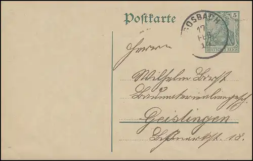 Postkarte P 90I Germania 5 Pf. GOSBACH 17.2.14 nach Geislingen
