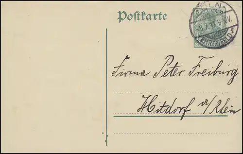Carte postale P 90I Germania 5 Pf. CÖLN-EHRENFELD f - 8.7.11 vers Hitdorf am Rhein